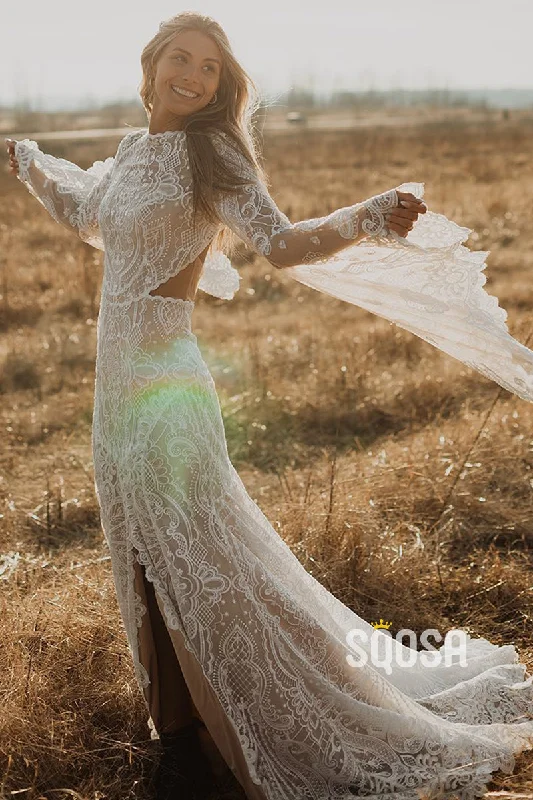 Mega Deal statement dressUnique Bateau Bat Sleeves Lace Bohemian Wedding Dress with Slit Bridal Dress QW2680