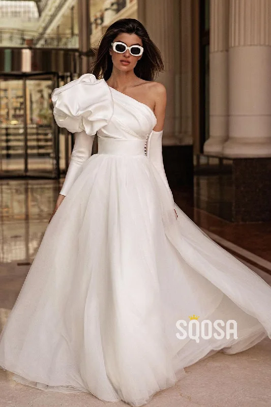 Deal Explosion evening dressA Line One Shoulder Long Sleeves Satin Elegant Wedding Dress QW2404