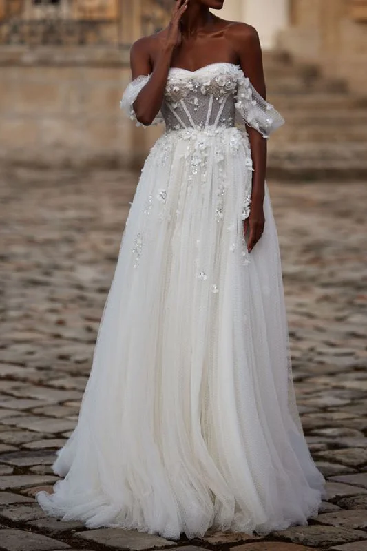 Seasonal Sale casual day dressA Line Sweetheart 3D Appliques Rustic Wedding Dress with Sweep Train QW2546 Seasonal Sale casual day dressA Line Sweetheart 3D Appliques Rustic Wedding Dress with Sweep Train QW2546