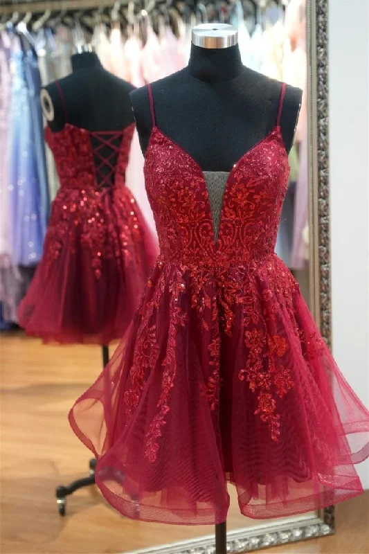 Deal of the Week stylish party dressRed Sweetheart A-line Spaghetti Strap Sequin Tulle Homecoming Dress