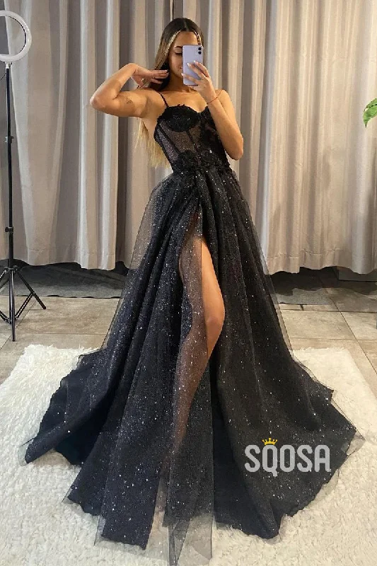 Final Markdown silk dressA-line Sweetheart Lace Appliques Sparkly Prom Dress with Slit QP0827
