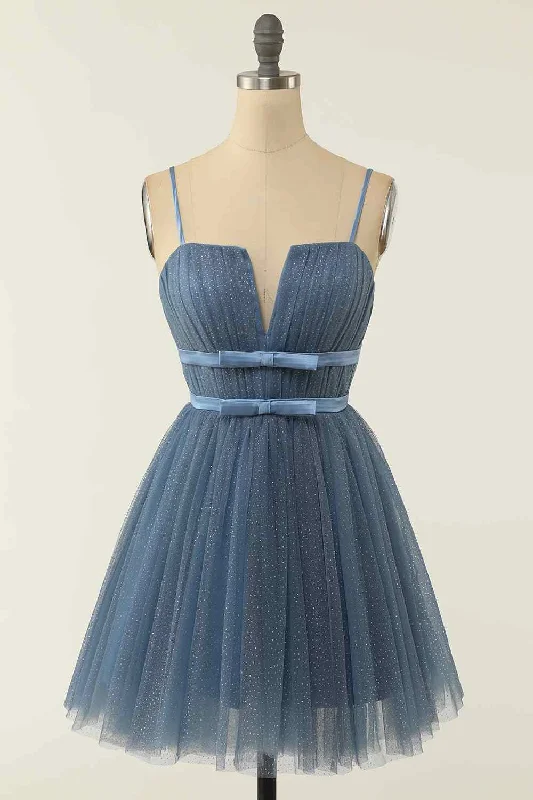 Overstock trendy mini dressDusty Blue A-line V Neck Pleated Double Bow Tie Sash Mini Homecoming Dress