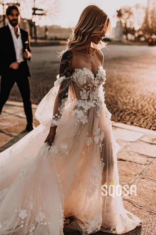 Blowout Sale romantic dressA-line V-Neck 3D Appliques Bohemian Wedding Dress Besch Bridal Gown QW2461