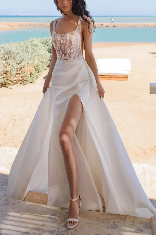 Extra Savings layered dressChic Square Lace Top Side Slit Boho Wedding Dress QW2649