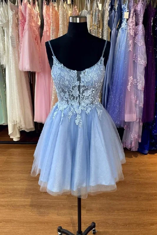 Year-End Sale mini dressBlue Appliques Spaghetti Strap A-line Homecoming Dress