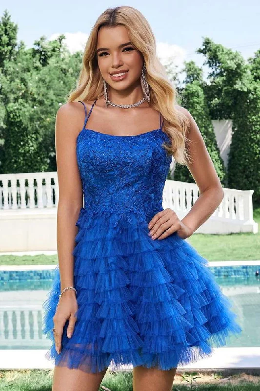 Price Rollback summer floral dressBlue Tiered Cute A Line Spaghetti Straps Homecoming Dress with Ruffles