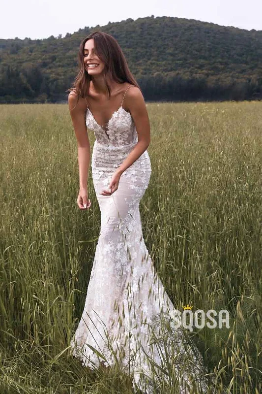Discount Days long sleeve dressSexy V neck Romantic Lace Wedding Dress Backless Mermaid Wedding Gown QW0954