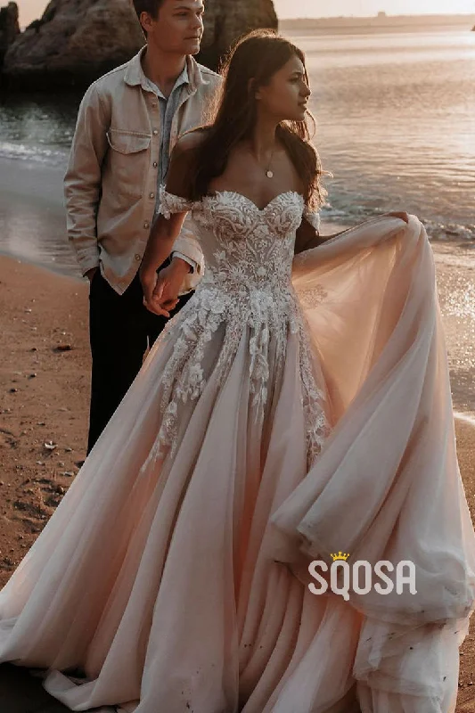 YEAR-End Clearance evening dressUnique Off the Shoulder Lace Appliques Bohemian Wedding Dress QW2170