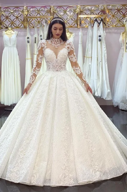 Act Fast Glamorous Long Sleeves Lace Princess Wedding Dress Ball Gown High Neck