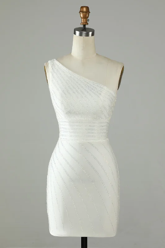 Stock Clearance chic wrap dressWhite One Shoulder Beaded Sheath Homecoming Dress