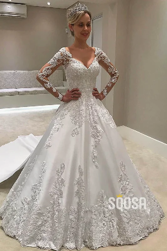 Extra Savings sleek dressA-line Chic Illusion Long Sleeves Satin Appliques Rustic Wedding Dress with Detachable Train QW2260