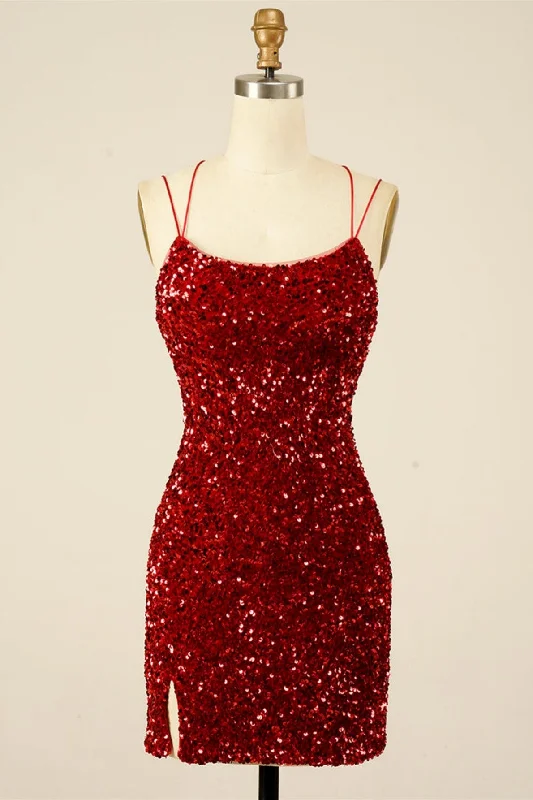 Reduced Prices fitted cocktail dressWine Red Sequins Lace-Up Sheath Homecoming Dress with Slit