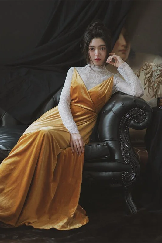 Daily Deals lace dressYellow Velvet A-line Long Bridesmaid Dress