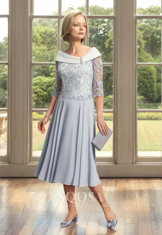Price Reduction casual evening dressAsymmetrical-Neck Half-Sleeves Midi A-line Mother of the Bride Dress Blouson Lace Applique Cocktail Gowns