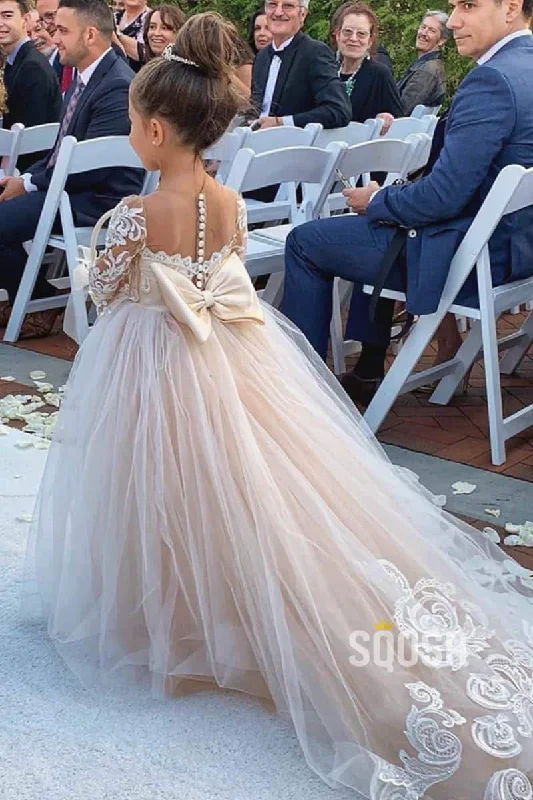 Loyalty Reward playful dressStunning Tulle Appliques 3/4 Sleeves A-line Flower Girl Dress QF0820