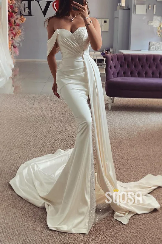 Deal of the Day off-shoulder dressSatin Trumpet Off-Shoulder Pleats Beaded With Train Wedding Dress QW8149