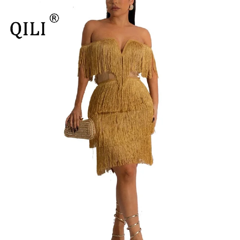 YEAR-End Sale sporty outerwearQILI Off The Shoulder Tassel Sexy Dresses for Women 2023 White Black Dress Elegant Cascading Tassels Vestido Feminino