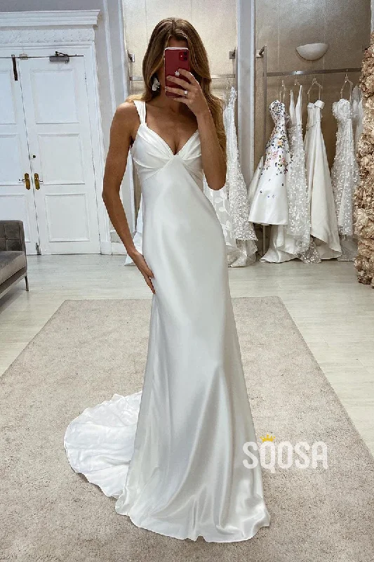 Savings Event satin midi dressV-Neck Spaghetti Straps Sleeveless Open Back With Train Beach Wedding Dress QW8094 Savings Event satin midi dressV-Neck Spaghetti Straps Sleeveless Open Back With Train Beach Wedding Dress QW8094