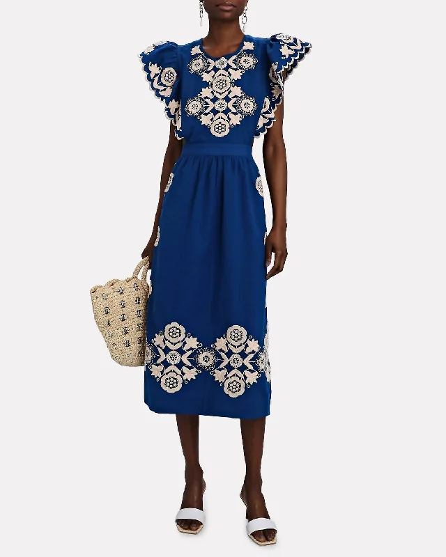 Super Sale pleated dressManuela Embroidered Apron Midi Dress in Blue