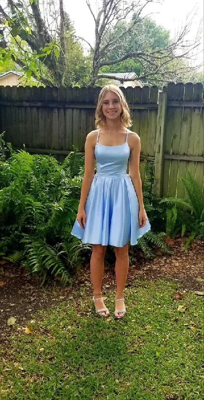 Final Clearance cocktail dressBlue A-line Satin Homecoming Dress,8th Graduation Dress Y4040