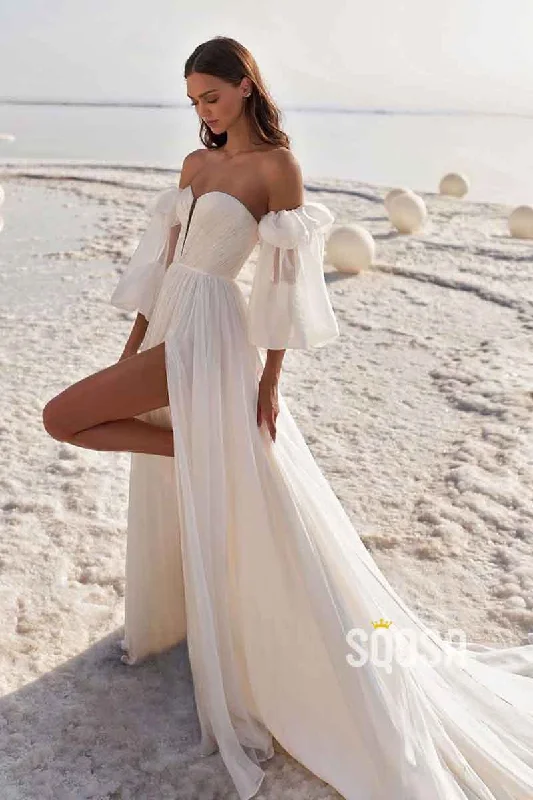Blowout Deals romantic dressA Line Deep V neck Long Sleeves Elegant Tulle Modern Wedding Dress with Slit QW2174