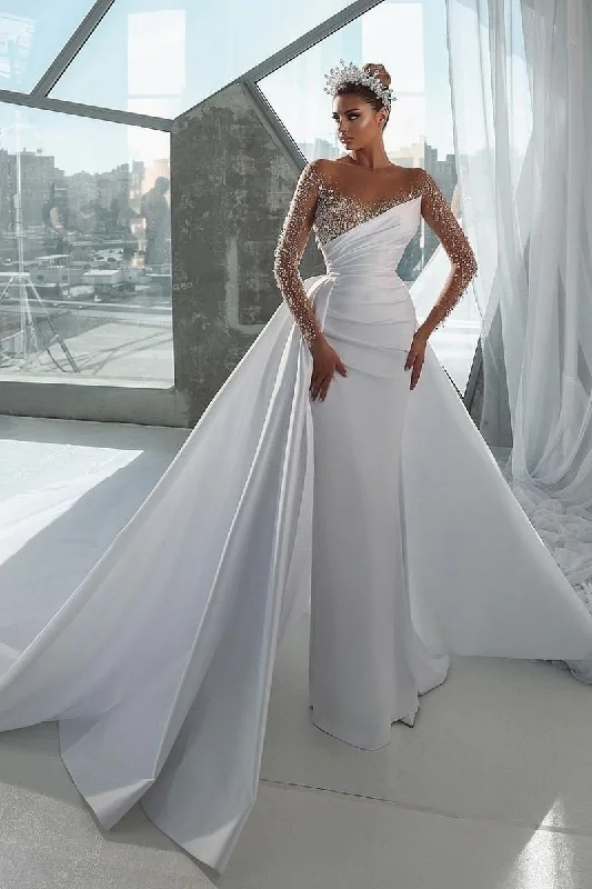 Exclusive Online Offer cocktail dressIllusion Neckline Luxury Beads Long Sleeves Wedding Dress QW0926
