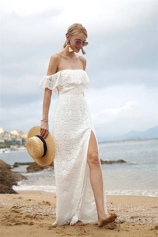 Instant Savings ruffle dressOff the Shoulder White Lace Maxi Dress