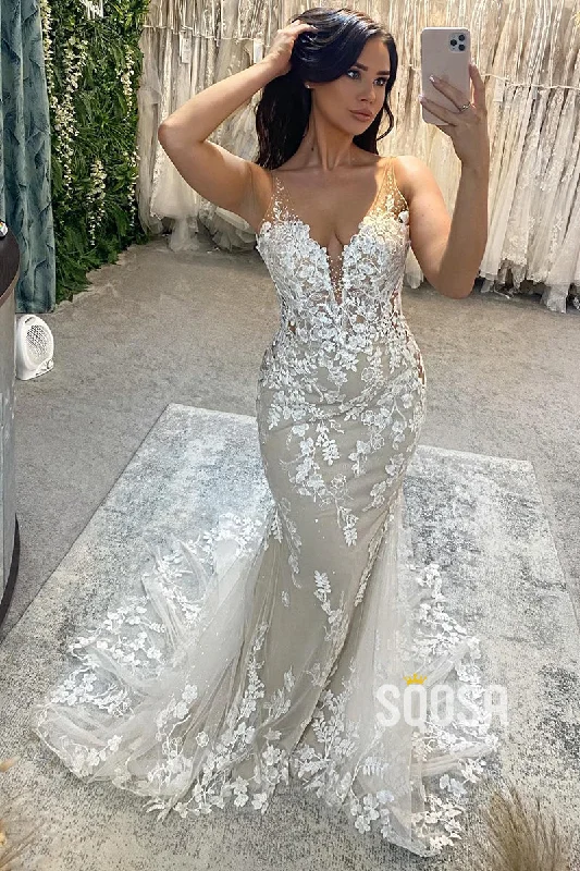 Epic Deals party dressAllover Lace Wedding Dresses V-Neck Mermaid Bridal Gown QW2209