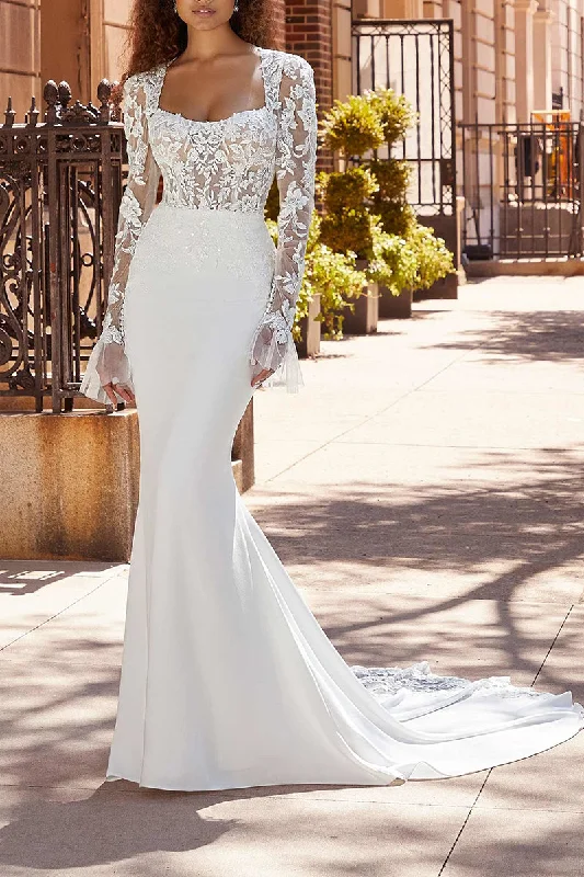 Deal Alert sleek dressMermaid Wedding Dress Square Neckline Long Sleeves Boho Wedding Gown QW2293 Deal Alert sleek dressMermaid Wedding Dress Square Neckline Long Sleeves Boho Wedding Gown QW2293