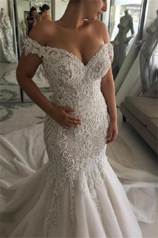 Special Discount Classic Off the shoulder Sweetheart Pearl Mermaid Chapel Train Wedding Dress
