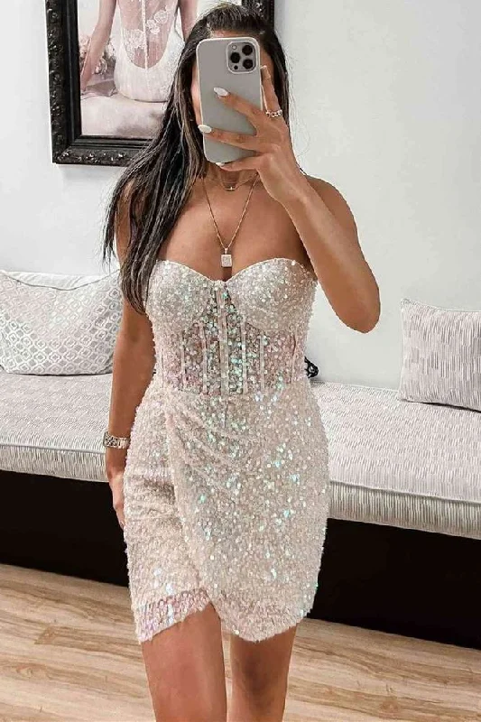 Shop and Save fitted dressWhite Sheath Sweetheart Sequins Homecoming Dress