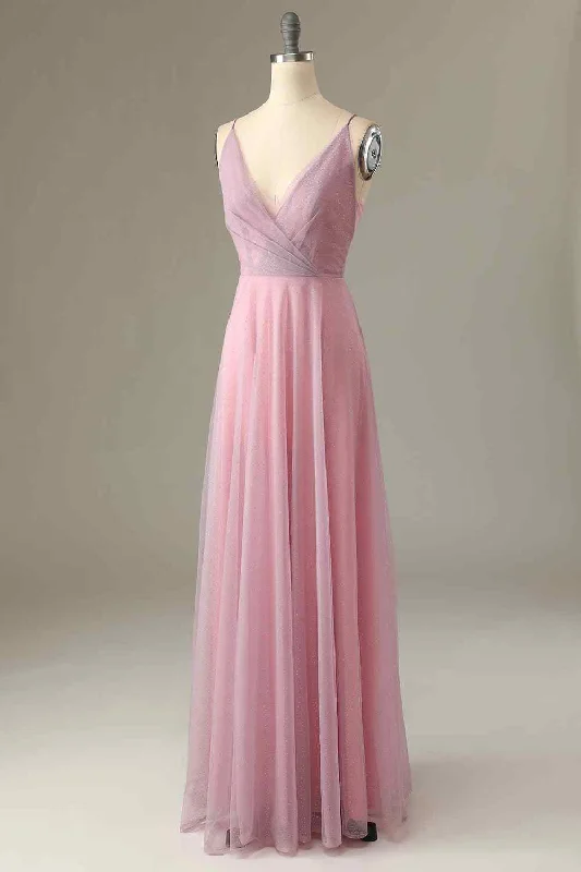 Huge Discounts cocktail party dressPink Sparkly A-line V Neck Pleated Long Bridesmaid Dress