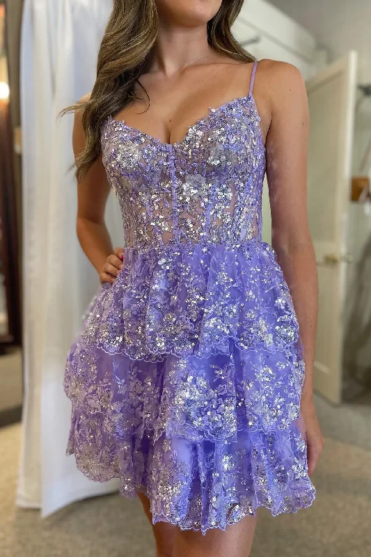 Discount Mania silk dressLavender Straps Sequined Multi-Layers Tulle Homecoming Dress Y2832