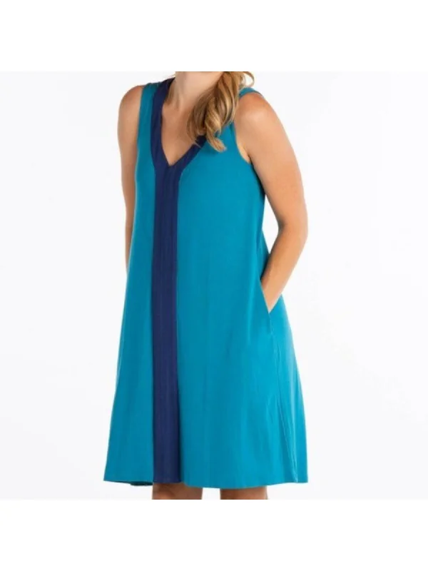 Price Rollback FRESH PRODUCE Womens Blue Stretch Pocketed Pullover Sleeveless V Neck Above The Knee Shift Dress