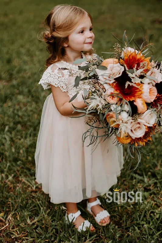 Weekend Flash Sale stylish dressRound Neckline Lace Short Sleeves A-Line Cute Flower Girl Dress Tea-Length QF0821