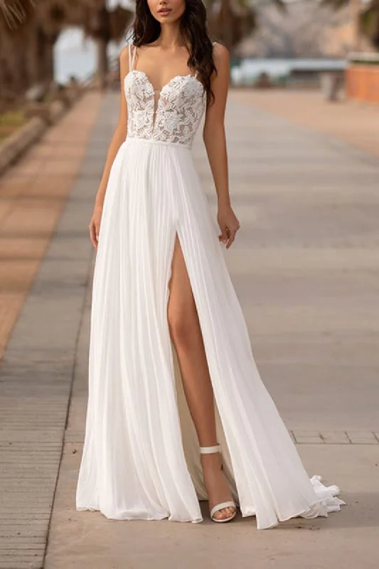 YEAR-End Clearance sophisticated dressA Line V Neck Lace Appliques Side Slit Boho Beach Wedding Dress QW2601