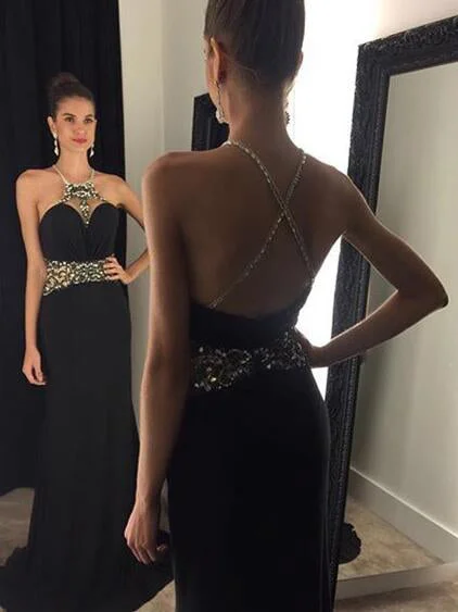 Don’t Miss Out Black Prom Dresses Sheath/Column Rhinestone Halter Sexy Prom Dress/Evening Dress JKL432