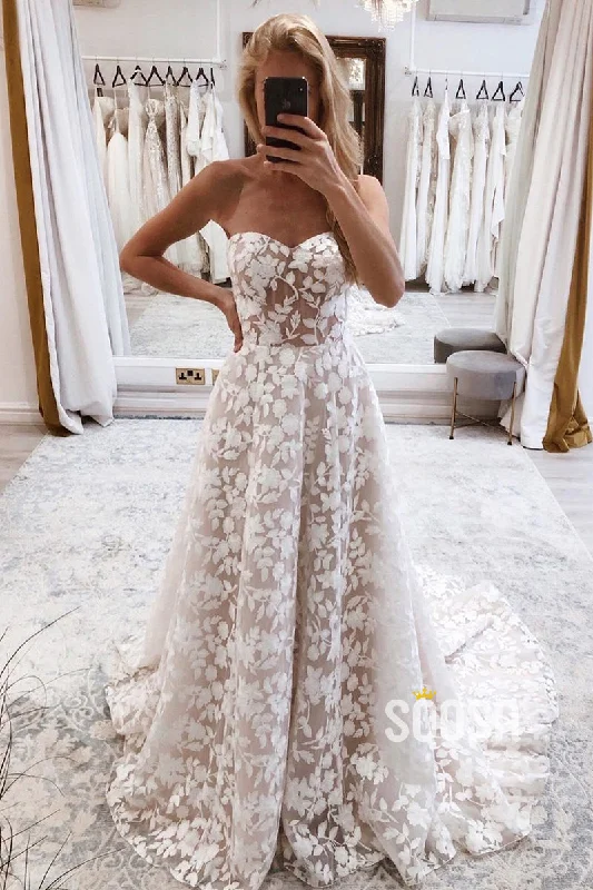 Overstock boho-chic dressA-line Romantic Lace Wedding Dress Rustic Bridal Gown QW2502