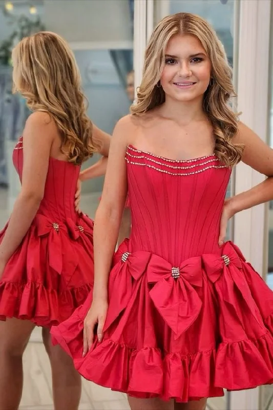 Blowout Deals one-shoulder dressStrapless Black Ruffle Short Dress with Bow Homecoming Dress
