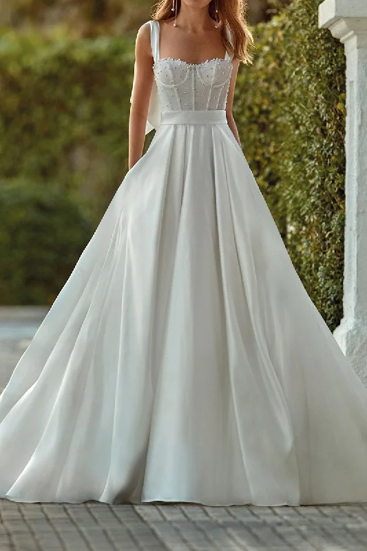 Huge Discounts tiered dressA line Sweetheart Pearls Satin Wedding Dress with Pockets QW2117