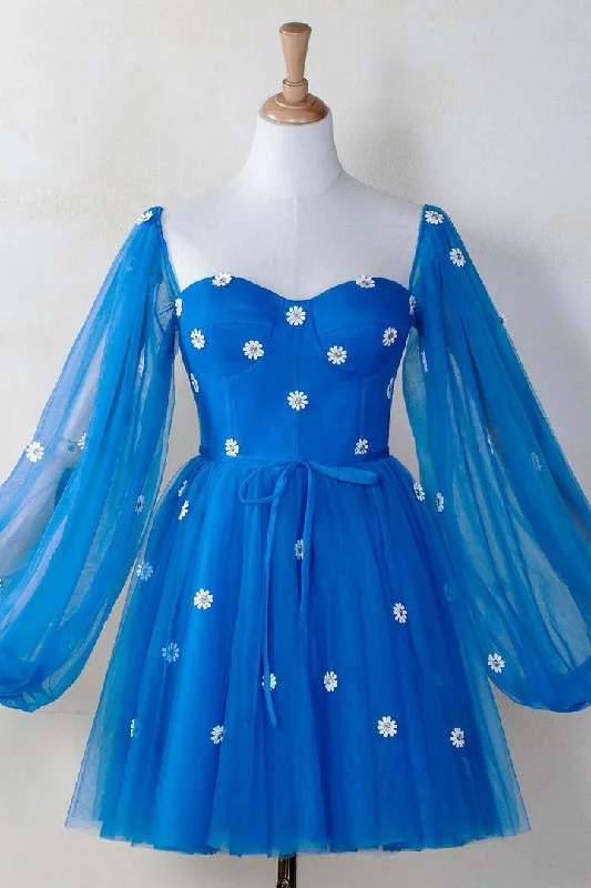 Unmissable Offer playful dressBlue Tulle Illusion Long Sleeves Daisy Appliques Homecoming Dress