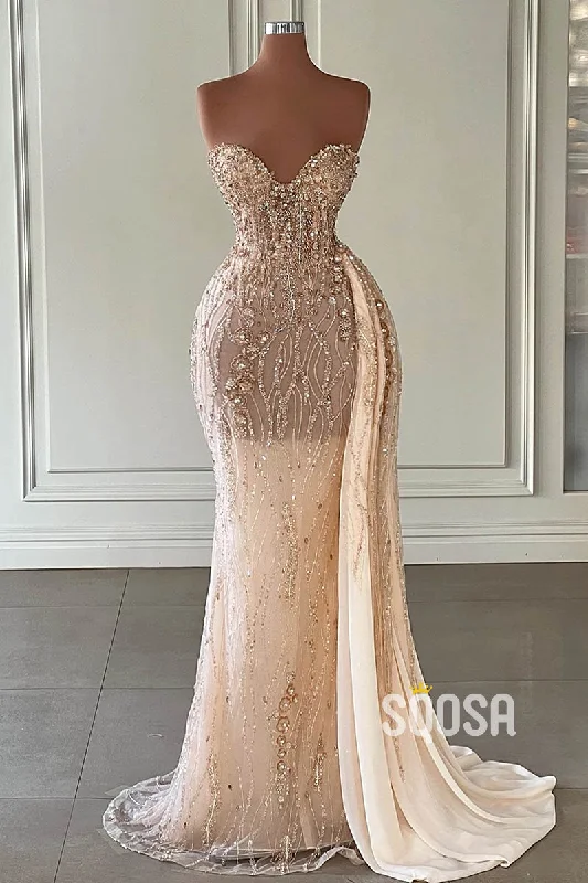Don't Wait modern dressLuxurious Strapless Illusion Beaded Champagne Long Prom Dress Evening Gowns QP3167