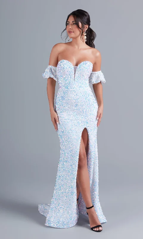 Price Fest off-shoulder dressPuff-Sleeve Strapless Long White Sequin Prom Dress