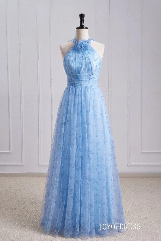 Customer Appreciation Sale off-the-shoulder dressHalter Blue A-Line Long Bridesmaid Dress with Floral