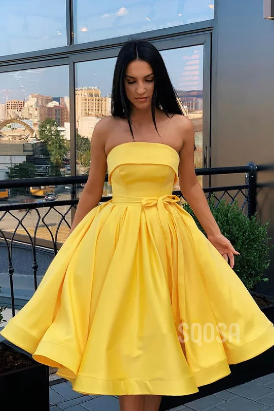Lowest Price shift dressA-Line Strapless Satin Short Prom Dress Simple Homecoming Dress QP1259