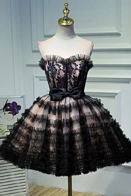 Unbeatable Prices off-the-shoulder dressBlack Illusion Neck Ruffles Appliques Homecoming Dress with Bow
