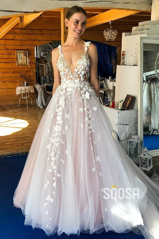 Loyalty Reward casual day dressPlunging V-neck 3D Appliques A-line Pink Wedding Dress QW2566