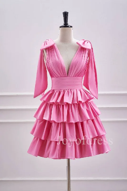 Seasonal Sale A-line dressHot Pink Plunging Neck Pleated Layered Short Homecoming Dress