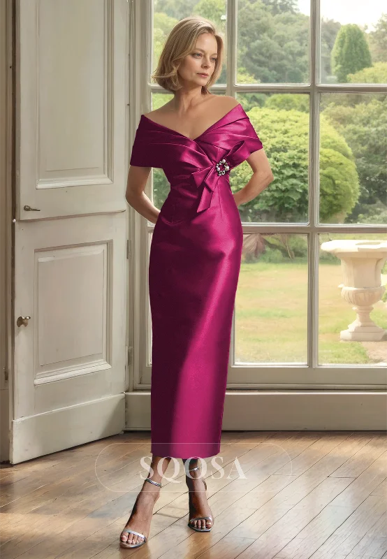 Exclusive Offers ashionable dressShort-Sleeves V-Neck Satin Mermaid Mother of the Bride Dress Pleated Beaded Midi Cocktail Gowns