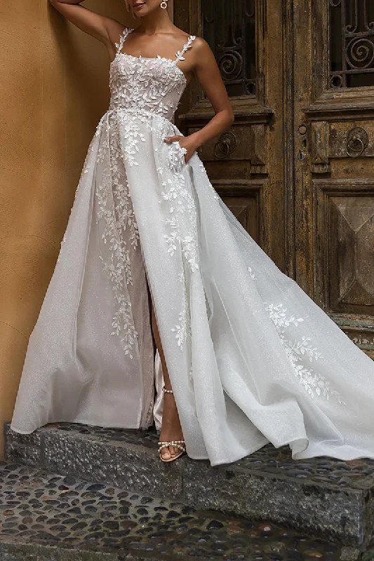 Exclusive Offers structured dressA Line Square Lace Appliques Rustic Wedding Dress with Slit QW2588